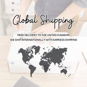 The image is a promotional image for global shipping services, featuring a world map and a person's hands cutting a shipping box. The text on the image announces free delivery to the United Kingdom and that the company ships internationally with express shipping.