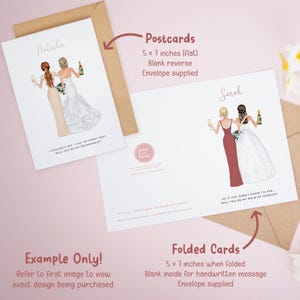 The image is a set of two greeting cards, one for Natalie and one for Sarah. The cards are designed to be personalized with illustrations of two women in wedding attire, and they are available in different sizes and styles.