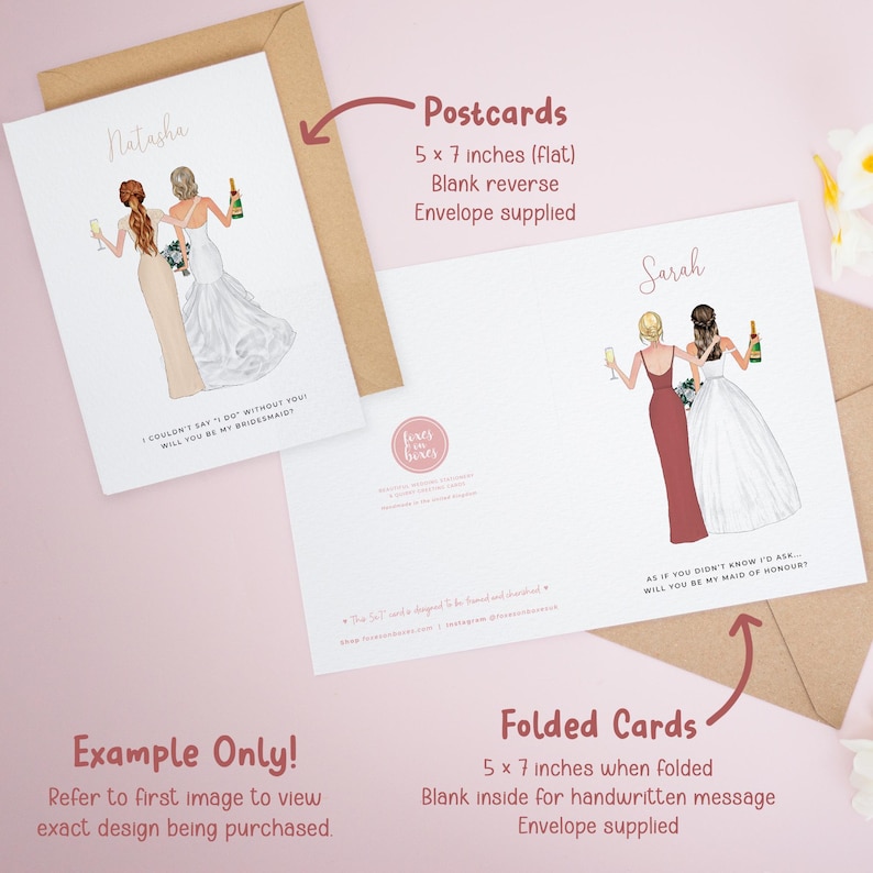 The image is a set of two greeting cards, one for Natalie and one for Sarah. The cards are designed to be personalized with illustrations of two women in wedding attire, and they are available in different sizes and styles.