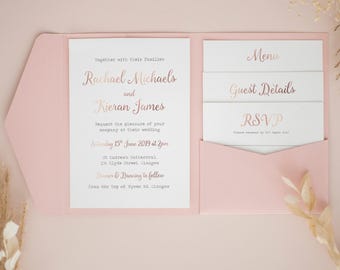 Rose Gold & Blush Invitation, Rose Invitation, Personalised Pocketfold Invitation, Pocketfold Wedding Invitation, Pocketfold Invites #PF-032