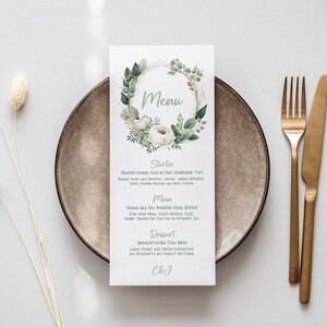 Menus personalizados de mesa de casamento de eucalipto, cartões de lugar de casamento, papelaria moderna para casamento, menus de recepção de casamento, cartões de menu #WTM-015