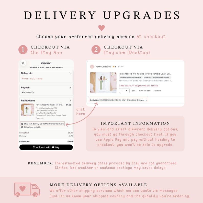 a screenshot of a checkout page for a product on the Etsy App, with a checkout link and a checkout via the Etsy website.