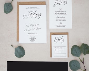 Pacote de convites de casamento personalizados, convites monocromáticos, convites simples, conjuntos de convites, convites de casamento, digitais, cartões de RSVP #2357