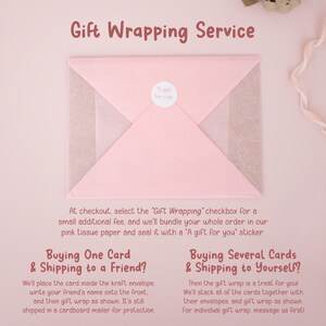 The image is a promotional image for a gift wrapping service, featuring a pink envelope with a gift inside. The text provides information about the service, including options for buying one card or several cards, and instructions on how to use the service.