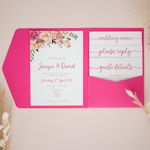 Hot Pink Pocketfold Wedding Invitation, Personalised Pocketfold Invitations, Pocketfold Wedding Invitation, Pocketfold Invites, #PF-037