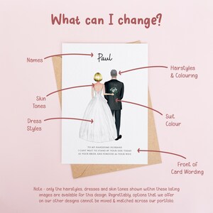 The image is a card with a couple, Paul and his bride, depicted in a wedding-themed illustration. The card is labeled with various details about the design, such as the names, hairstyles, skin tones, dress styles, suit colour, and front of the card wording.