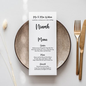Menus de mesa de casamento personalizados, cartões de lugar de casamento, papelaria moderna para casamento, menus, menus de recepção de casamento, cartões de menu #WTM-014