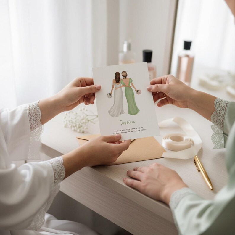 Two people holding a card with an illustration of two women in wedding dresses, one with a bouquet of flowers.