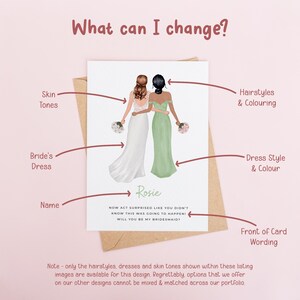 The image is a greeting card featuring two women in dresses, with text and illustrations providing information about the card's design and the names of the bride and bridesmaids.