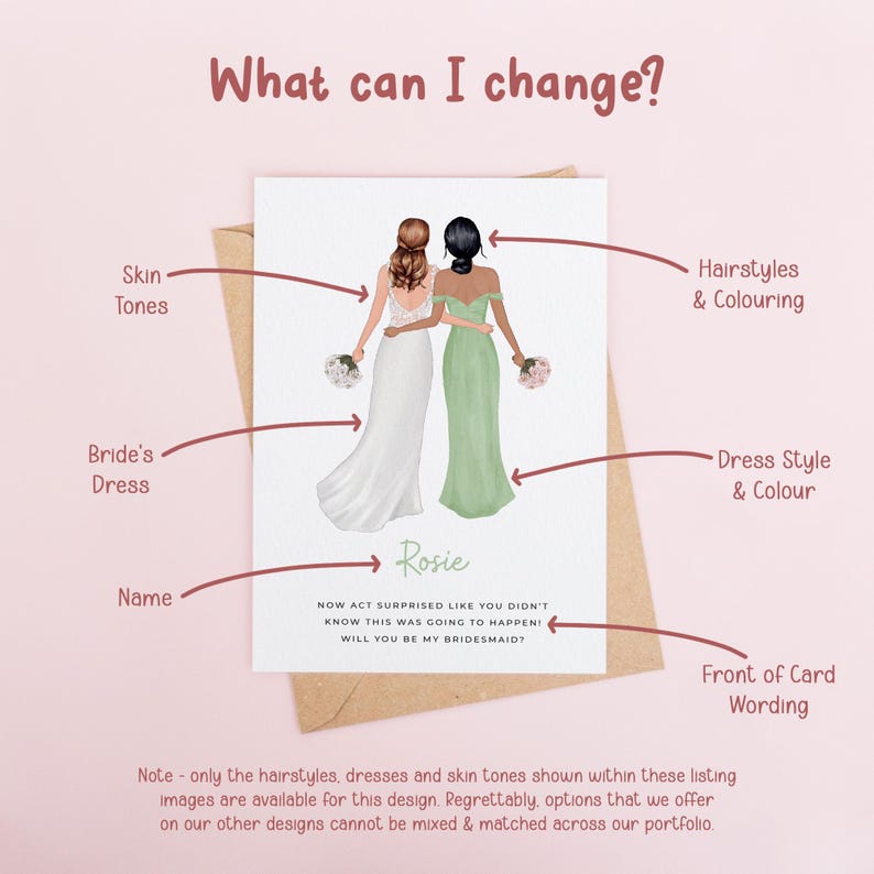 The image is a greeting card featuring two women in dresses, with text and illustrations providing information about the card's design and the names of the bride and bridesmaids.