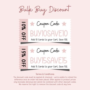 The image is a promotional image for a bulk buy discount, featuring two different discount codes for purchasing cards. The text on the image highlights the terms and conditions of the discount, stating that the discount code must be applied at checkout and that the discount applies to the difference between the order price and the placed offer. The image also mentions that the discount code can be removed at any time, but it cannot be combined with other discount codes.