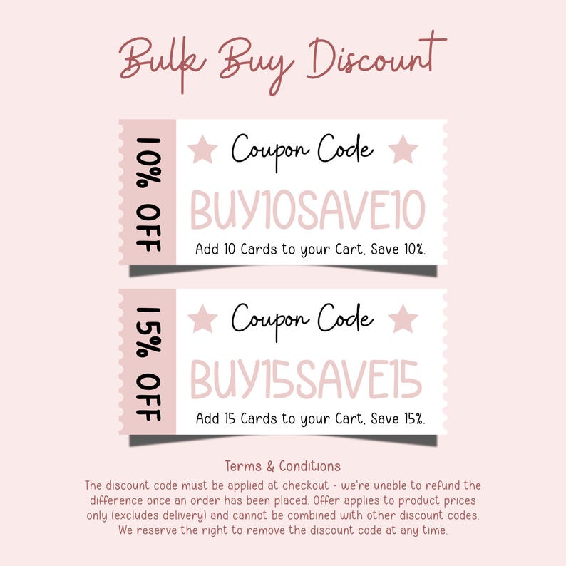 The image is a promotional image for a bulk buy discount, featuring two different discount codes for purchasing cards. The text on the image highlights the terms and conditions of the discount, stating that the discount code must be applied at checkout and that the discount applies to the difference between the order price and the placed offer. The image also mentions that the discount code can be removed at any time, but it cannot be combined with other discount codes.