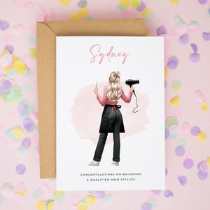 Tarjeta personalizada de felicitación para peluqueros, tarjeta de nuevo trabajo o calificación para peluqueros, tarjeta de trabajo de salón, tarjeta de graduado de belleza n.° 1017