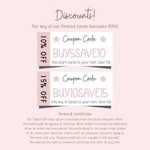 The image is a promotional image for a bulk buy discount, featuring two different discount codes for purchasing cards. The text on the image highlights the terms and conditions of the discount, stating that the discount code must be applied at checkout and that the discount applies to the difference between the order price and the placed offer. The image also mentions that the discount code can be removed at any time, but it cannot be combined with other discount codes.