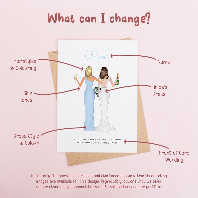 The image is a greeting card featuring two women in elegant dresses, with text and illustrations providing information about the card's design and customization options.