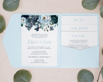 Trouwuitnodigingen met bloemenprint in stoffig blauw, gepersonaliseerde pocketfold uitnodigingen, pocketfold trouwuitnodiging, pocketfold uitnodigingen, #PF-042