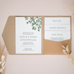 Rustieke eucalyptusuitnodiging, gepersonaliseerde pocketfolduitnodigingen, pocketfold huwelijksuitnodiging, pocketfold nodigt, rustieke uitnodigingen #PF-046