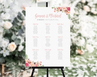 Pink Watercolour Florals, Wedding Seating Plans, Foam Board Table Plans, Printed or Printable File,  Table Plan #51