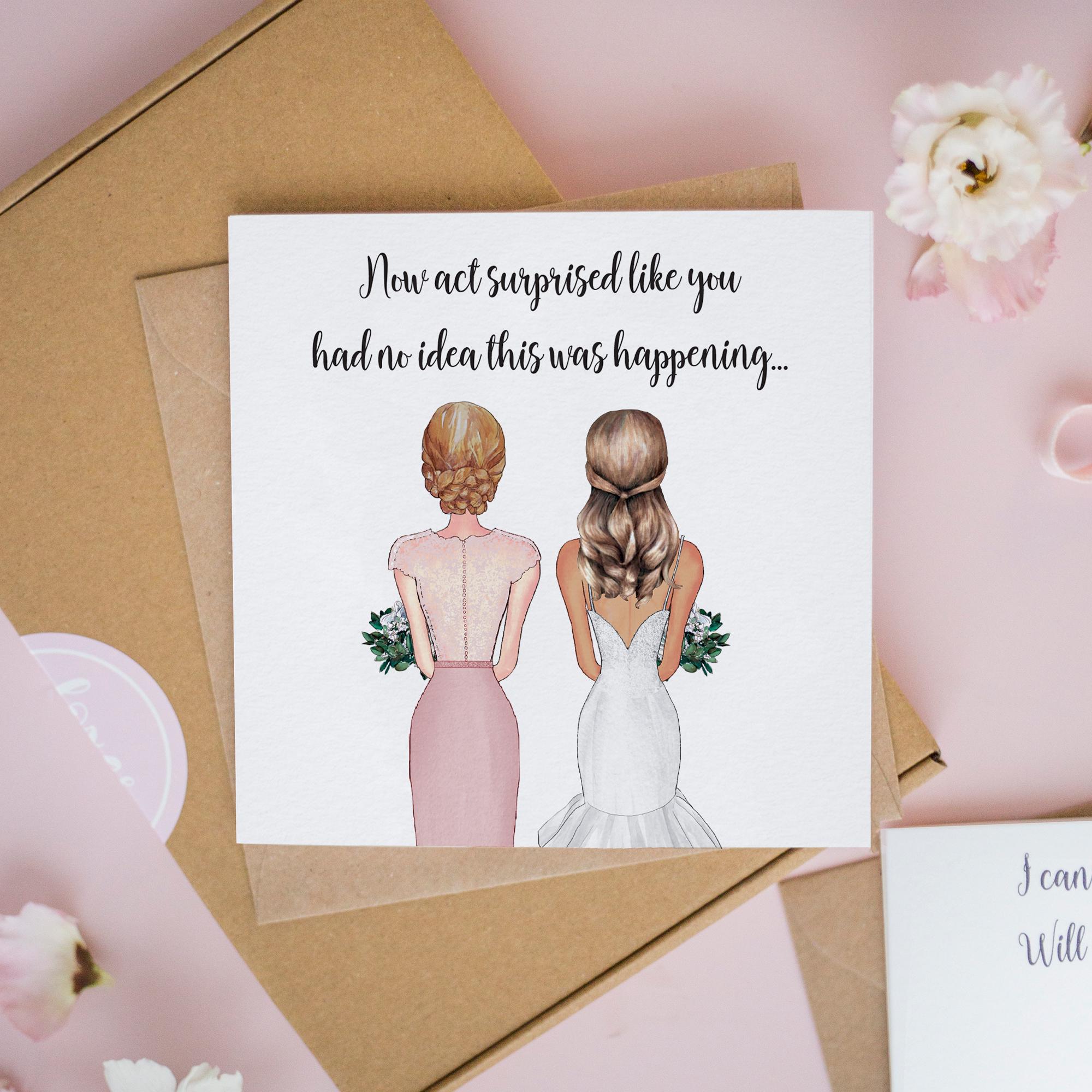 Personalised Will You Be My Bridesmaid Card with Custom Bridesmaid and Bride Illustration Blank Inside / No