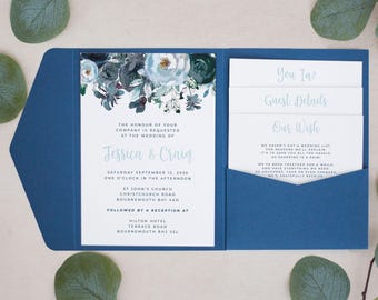 Marineblauwe en stoffig blauwe pocketfold uitnodiging, gepersonaliseerde pocketfold uitnodigingen, pocketfold trouwuitnodiging, pocketfold uitnodigingen, #PF-042