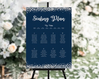 Navy and Silver Confetti Wedding Table Plan, Seating Chart, Seating Plan, Wedding Signs, Mounted Board Sign, Table Plan #2