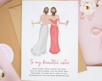 To My Sister on Your Wedding Day Card, Personalised Bride and Sister Card, Wedding Morning Card for Sister, On Your Wedding Day Gift #1030