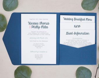 Invitación de bolsillo azul marino, invitaciones de boda personalizadas, invitación de boda, invitaciones de bolsillo, n.° PF-001