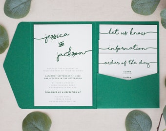 Rustic Forest Green, Personalised Pocketfold Invitations, Pocketfold Wedding Invitation, Pocketfold Invites, Blush Invitations #PF-045