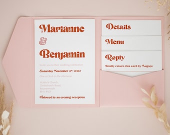 Invitación de boda retro, invitaciones personalizadas de bolsillo, invitación de boda de bolsillo, invitaciones de bolsillo, invitaciones en color óxido #PF-048