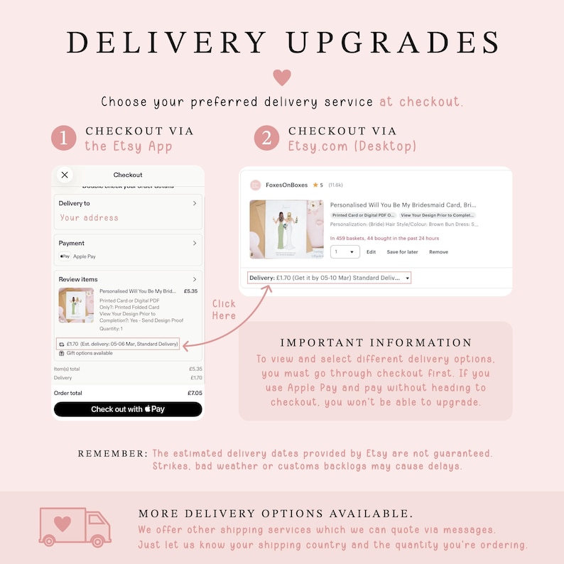 a screenshot of a checkout page for a product on the Etsy App, with a checkout link and a checkout via the Etsy website.