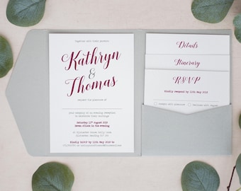 Grey & Claret Personalised Pocketfold Wedding Invitations, 4.5 x 6.2" to fit UK A6 Invites