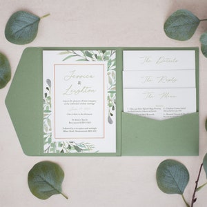 Green Pocketfold Invitation, Personalised Pocketfold Invitation, Wedding Invitation, Pocketfold Invite, Rustic Green Invitations #PF-052