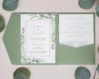 Green Pocketfold Invitation, Personalised Pocketfold Invitation, Wedding Invitation, Pocketfold Invite, Rustic Green Invitations #PF-052