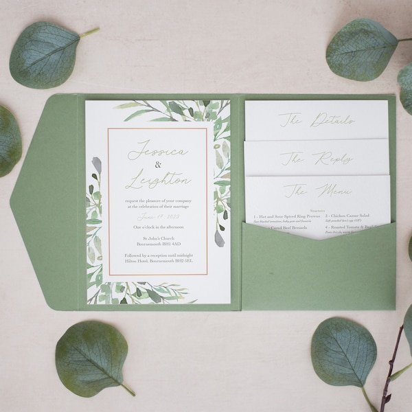 Green Pocketfold Invitation, Personalised Pocketfold Invitation, Wedding Invitation, Pocketfold Invite, Rustic Green Invitations #PF-052