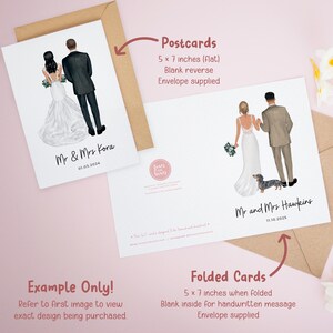 The image is a collection of two wedding-themed cards, one depicting a bride and groom and the other showing a couple holding hands. The cards are labeled as "Postcards" and "Folded Cards" and are described as "Blank reverse Envelope supplied". The text indicates that the cards are designed for purchase, with the "Postcards" card being a 5 x 7 inches flat design and the "Folded Cards" card being 5 x 7 inches when folded.