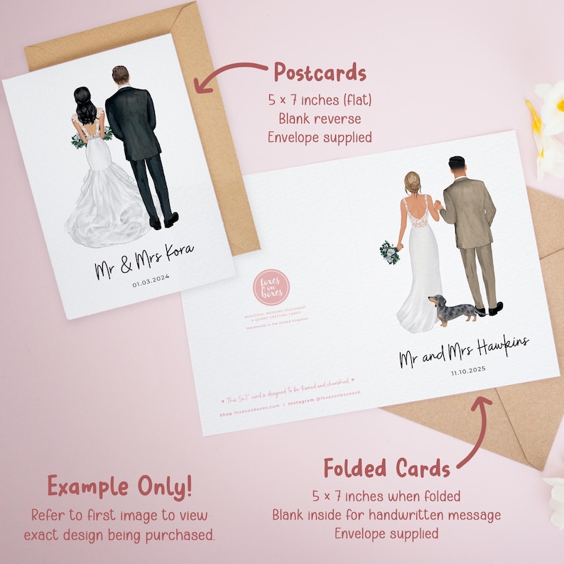 The image is a collection of two wedding-themed cards, one depicting a bride and groom and the other showing a couple holding hands. The cards are labeled as "Postcards" and "Folded Cards" and are described as "Blank reverse Envelope supplied". The text indicates that the cards are designed for purchase, with the "Postcards" card being a 5 x 7 inches flat design and the "Folded Cards" card being 5 x 7 inches when folded.