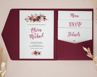 Invitación de boda burdeos otoñal, invitaciones personalizadas con bolsillo, invitación de boda con bolsillo, invitaciones rústicas #PF-041