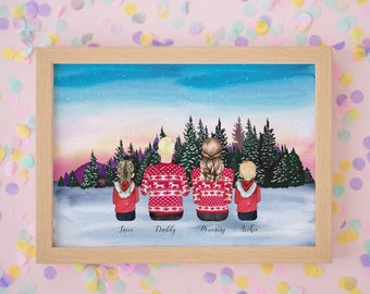 Winter Family Portrait, Christmas Gifts, Family Portrait, Personalised Family Print, Stocking Fillers, Family Portrait Illustration, #P020