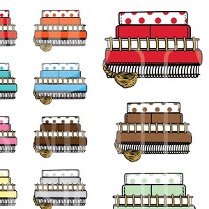 Puede incluir: Una colección de ilustraciones apiladas y coloridas de camas con varios patrones y colores, incluyendo lunares y rayas. Cada cama tiene una franja decorativa y se asienta sobre una pequeña base tejida. La imagen incluye el texto "png format 300 DPI. 45 COLORS."