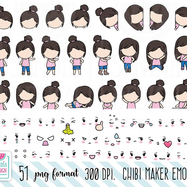 CHIBI MAKER EMOJI, Dark-Haired Girl, Clipart, Chibi Girl, Personal and comercial use