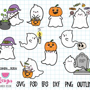 Doodle Halloween Clipart. kawaii Ghost, Digital Stamp, PNG, SVG. PSD, Outline. Personal and commercial use.