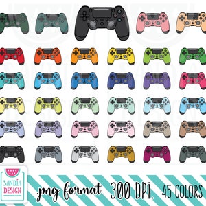 Puede incluir: Una colección de 28 ilustraciones de mandos de videojuegos coloridos en varios colores, incluyendo verde, azul, rojo y amarillo. La imagen también incluye el texto "png format 300 DPI. 45 COLORS" y un logotipo.