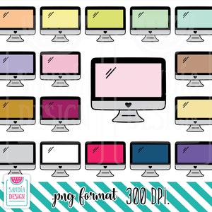 Puede incluir: Una colección de monitores de computadora estilo caricatura con varios colores de pantalla, incluyendo rosa, amarillo y azul. Cada monitor tiene un marco negro y una base en forma de corazón. La imagen también incluye el texto "png format 300 DPI."