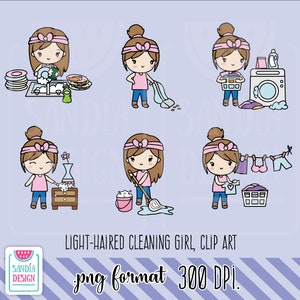 Puede incluir: Ilustraciones de una chica de pelo claro realizando diversas tareas de limpieza. Las ilustraciones incluyen lavar los platos, aspirar, lavar la ropa y fregar. También incluye el texto "LIGHT-HAIRED CLEANING GIRL, CLIP ART" y "png format 300 DPI."