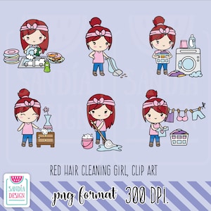 Puede incluir: Ilustraciones de una chica pelirroja realizando tareas domésticas. La chica lava los platos, pasa la aspiradora, lava la ropa, quita el polvo, friega y tiende la ropa. Texto: "RED HAIR CLEANING GIRL, CLIP ART, png format 300 DPI."