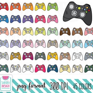 Puede incluir: Ilustración de 45 mandos de videojuegos coloridos en varios colores, incluyendo rojo, naranja, amarillo, verde, azul, morado, rosa y marrón. La imagen incluye el texto "png format 300 DPI. 45 COLORS" y un logotipo.