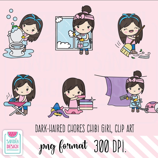 Dark-Haired Chores, Clipart, Chibi Girl, Personal and comercial use