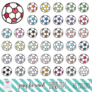 Puede incluir: Ilustración de 36 balones de fútbol en varios colores, incluyendo rojo, naranja, amarillo, verde, azul, morado, rosa y marrón. Cada balón tiene un contorno negro y un fondo blanco. El texto "png format 300 DPI. 45 COLORS" también está presente.