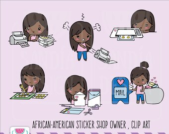 African-American Girl Sticker Shop Owner, Clipart, Print and Cut Stickers, Chibi Girl, Personal and comercial use