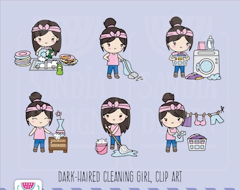 Dark-Haired Cleaning Girl Sticker, Clipart, House Keeper Stickers, Chibi Girl, Personal and commercial use